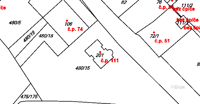 Dubice 111, Řehlovice na parcele st. 201 v KÚ Dubice nad Labem, Katastrální mapa