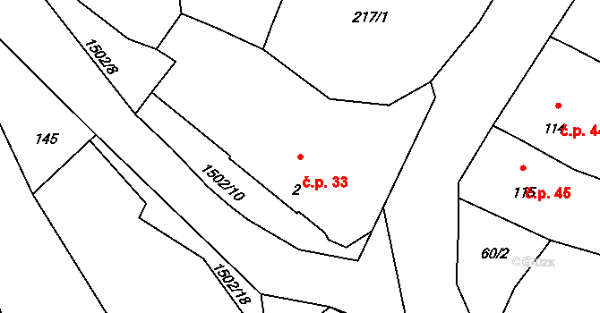 Kočín 33 na parcele st. 2 v KÚ Kočín u Kralovic, Katastrální mapa