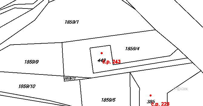 Lubenec 243 na parcele st. 443 v KÚ Lubenec, Katastrální mapa
