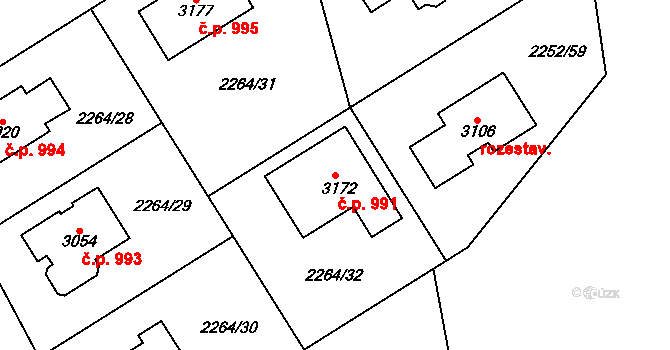 Horní Slavkov 991 na parcele st. 3172 v KÚ Horní Slavkov, Katastrální mapa