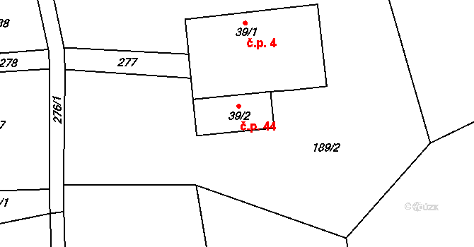 Proruby 44, Brzice na parcele st. 39/2 v KÚ Proruby, Katastrální mapa