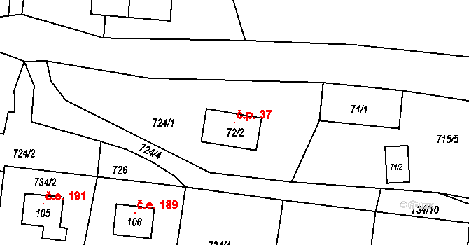 Staré Purkartice 37, Hošťálkovy na parcele st. 72/2 v KÚ Staré Purkartice, Katastrální mapa