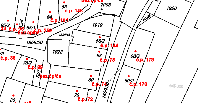 Šakvice 75 na parcele st. 68 v KÚ Šakvice, Katastrální mapa