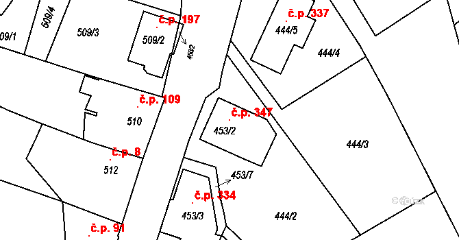 Rozdrojovice 347 na parcele st. 453/2 v KÚ Rozdrojovice, Katastrální mapa