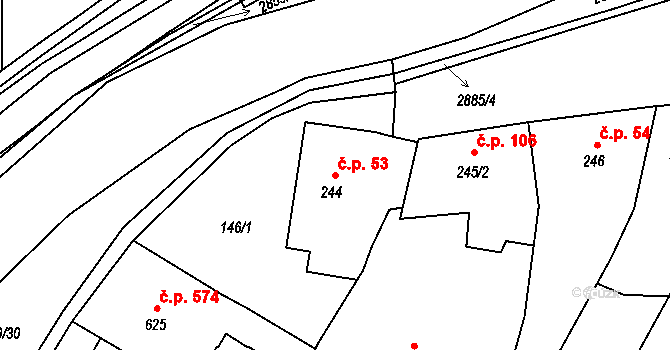 Bystřice pod Hostýnem 53 na parcele st. 244 v KÚ Bystřice pod Hostýnem, Katastrální mapa
