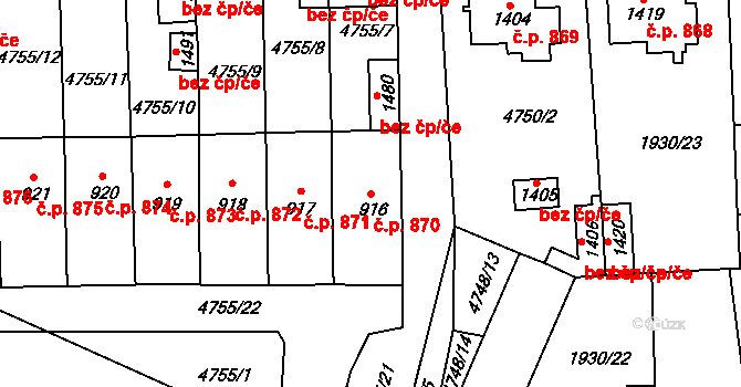 Hrušovany nad Jevišovkou 870 na parcele st. 916 v KÚ Hrušovany nad Jevišovkou, Katastrální mapa