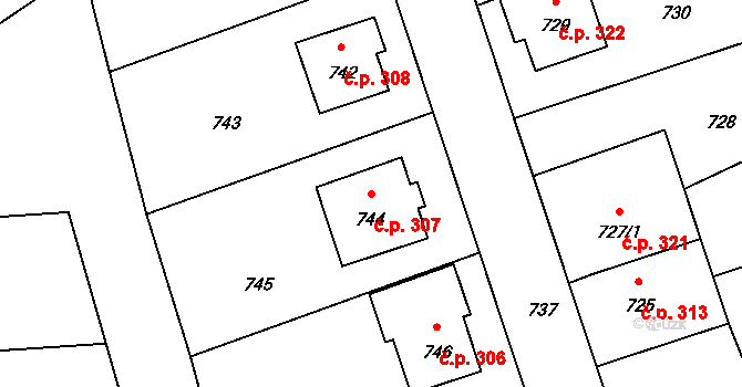 Stonařov 307 na parcele st. 744 v KÚ Stonařov, Katastrální mapa
