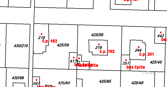 Přezletice 192 na parcele st. 219 v KÚ Přezletice, Katastrální mapa
