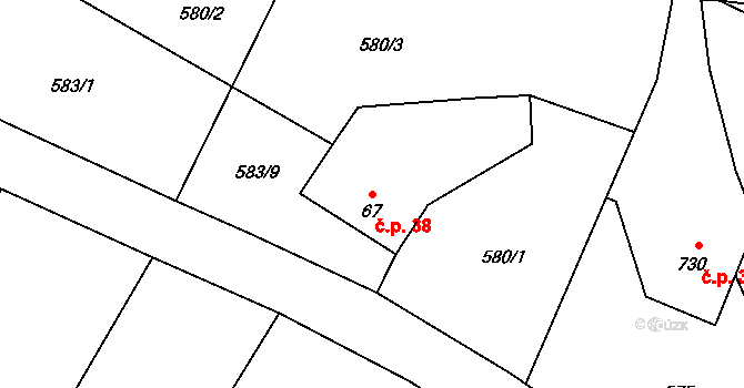 Raškovice 38 na parcele st. 67 v KÚ Raškovice, Katastrální mapa