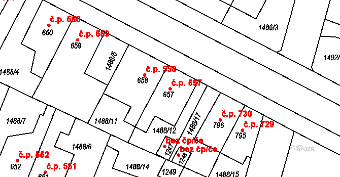 Třebechovice pod Orebem 557 na parcele st. 657 v KÚ Třebechovice pod Orebem, Katastrální mapa