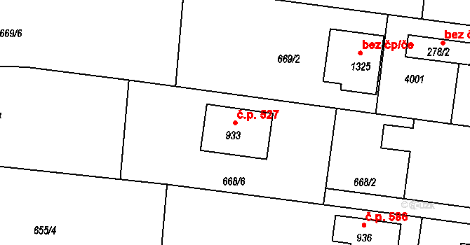 Borovany 527 na parcele st. 933 v KÚ Borovany, Katastrální mapa