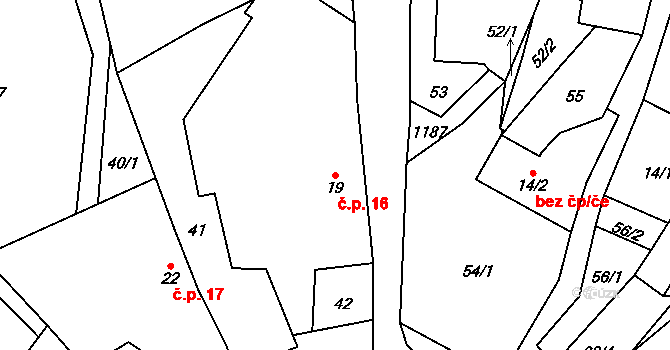 Bradáčov 16 na parcele st. 19 v KÚ Bradáčov, Katastrální mapa