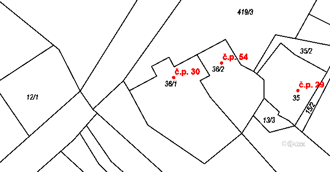Žitětín 30, Jičíněves na parcele st. 36/1 v KÚ Žitětín, Katastrální mapa