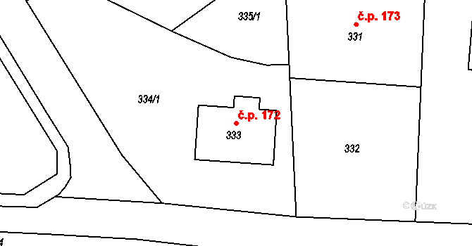 Radonice 172 na parcele st. 333 v KÚ Radonice u Kadaně, Katastrální mapa