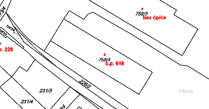 Bohosudov 616, Krupka na parcele st. 758/4 v KÚ Bohosudov, Katastrální mapa