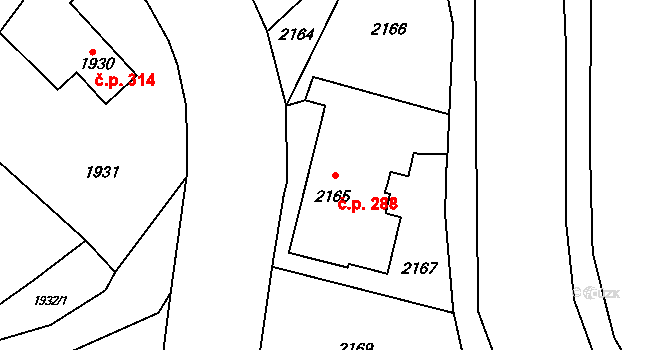 Šunychl 288, Bohumín na parcele st. 2165 v KÚ Nový Bohumín, Katastrální mapa