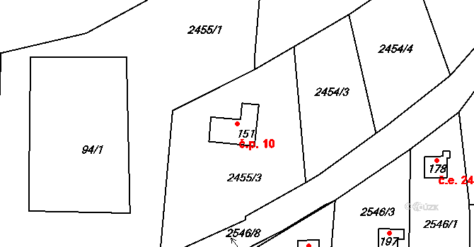 Žár 10 na parcele st. 151 v KÚ Žár u Nových Hradů, Katastrální mapa
