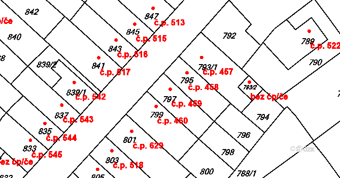 Pelhřimov 459 na parcele st. 797 v KÚ Pelhřimov, Katastrální mapa