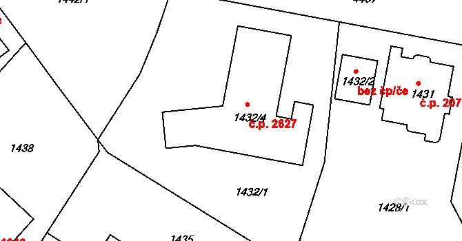 Teplice 2627 na parcele st. 1432/4 v KÚ Teplice, Katastrální mapa