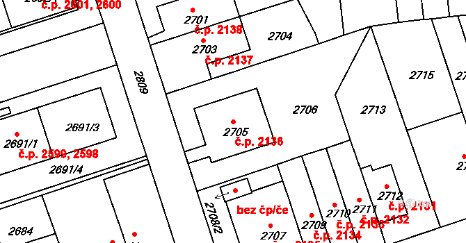 Žižkov 2136, Praha na parcele st. 2705 v KÚ Žižkov, Katastrální mapa