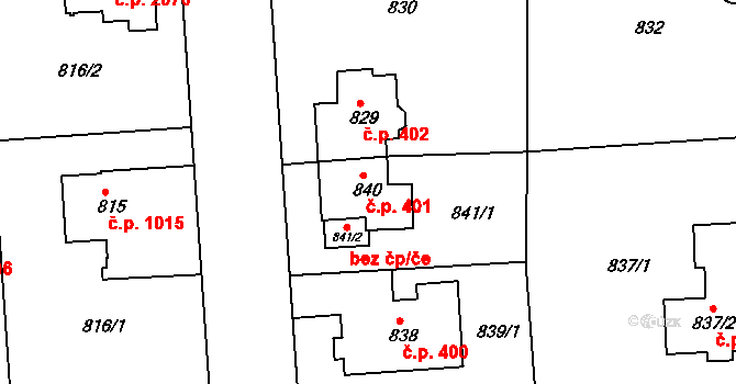 Modřany 401, Praha na parcele st. 840 v KÚ Modřany, Katastrální mapa