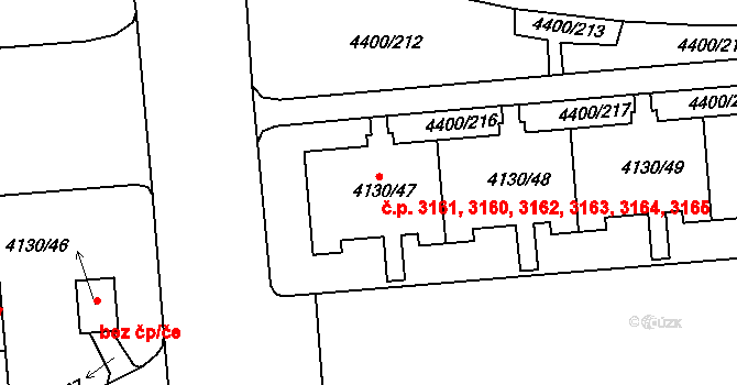 Modřany 3160,3161,3162,3163,, Praha na parcele st. 4130/48 v KÚ Modřany, Katastrální mapa