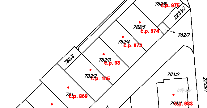 Střešovice 98, Praha na parcele st. 782/3 v KÚ Střešovice, Katastrální mapa
