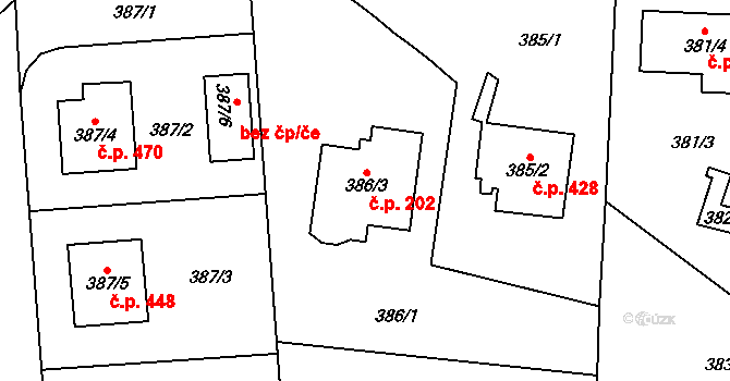 Nebušice 202, Praha na parcele st. 386/3 v KÚ Nebušice, Katastrální mapa