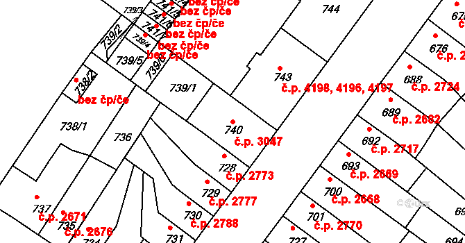 Chomutov 3047 na parcele st. 740 v KÚ Chomutov II, Katastrální mapa