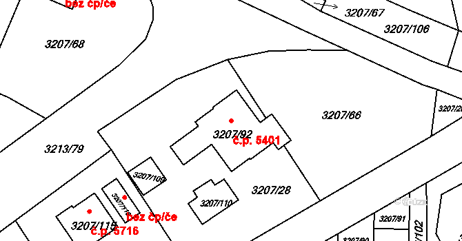 Chomutov 5401 na parcele st. 3207/92 v KÚ Chomutov II, Katastrální mapa