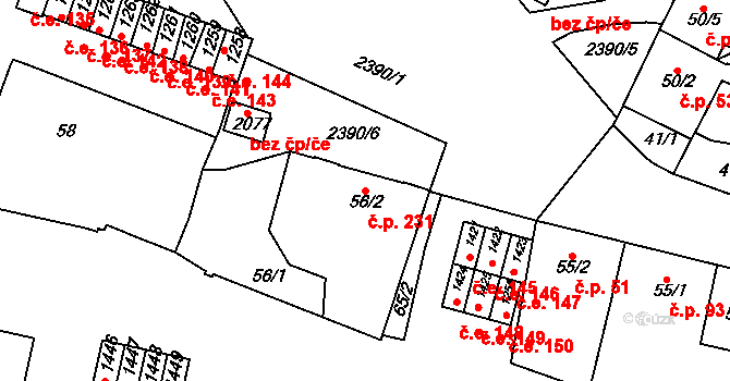 Rosice 231 na parcele st. 56/2 v KÚ Rosice u Brna, Katastrální mapa