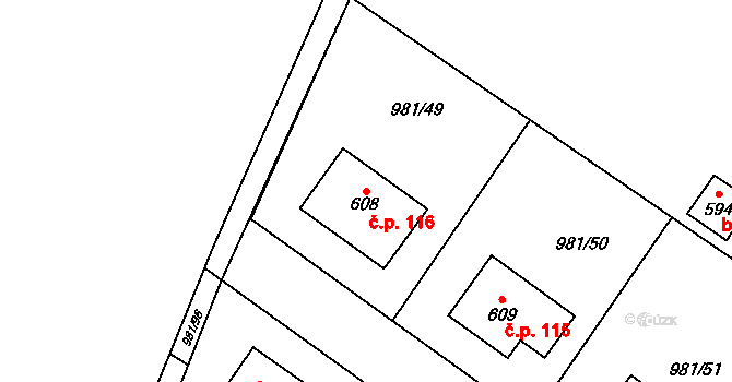 Bělušice 116 na parcele st. 608 v KÚ Bělušice, Katastrální mapa