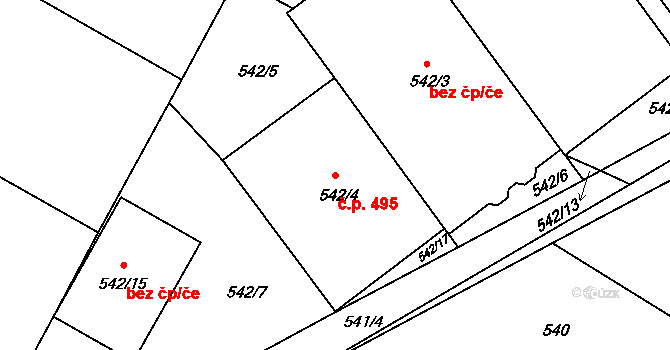 Štípa 495, Zlín na parcele st. 542/4 v KÚ Štípa, Katastrální mapa