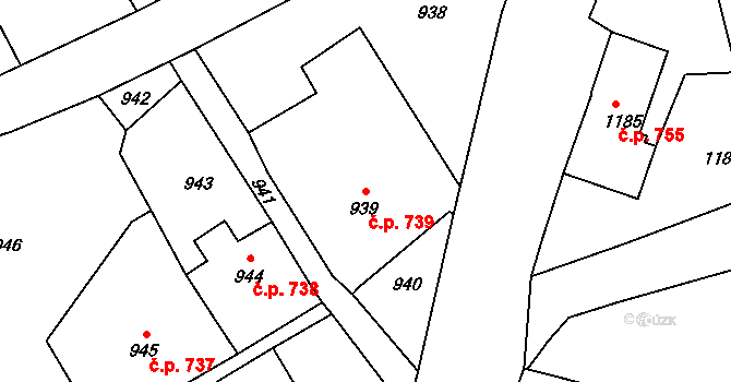 Šluknov 739 na parcele st. 939 v KÚ Šluknov, Katastrální mapa
