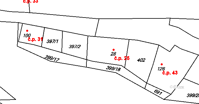 Horní Cetno 25, Niměřice na parcele st. 28 v KÚ Niměřice, Katastrální mapa