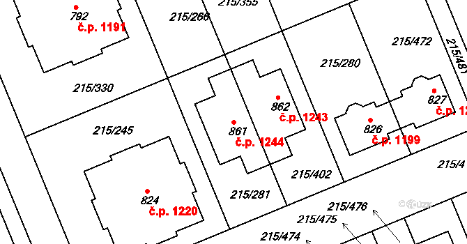Rudná 1244 na parcele st. 861 v KÚ Hořelice, Katastrální mapa