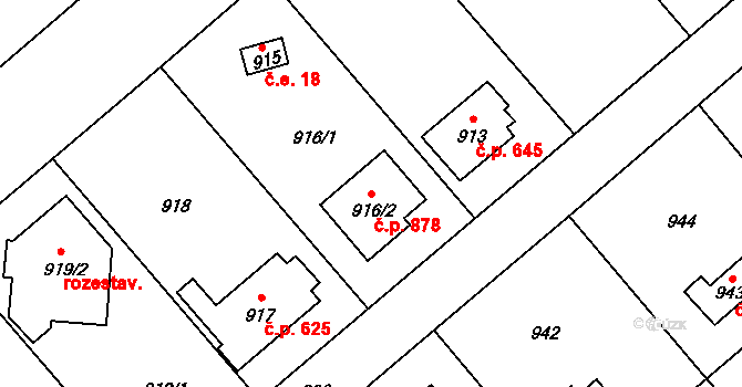 Šeberov 878, Praha na parcele st. 916/2 v KÚ Šeberov, Katastrální mapa