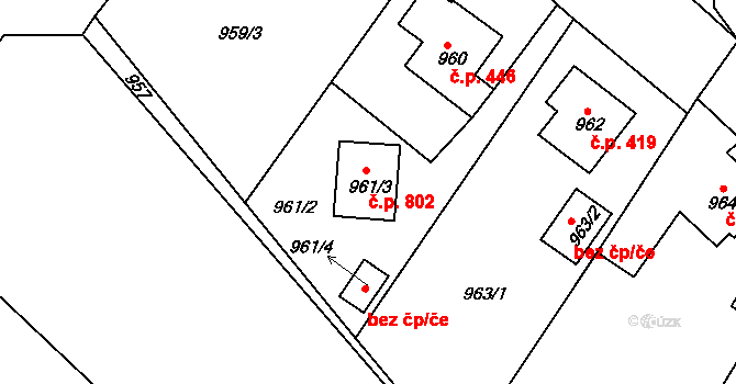 Kolovraty 802, Praha na parcele st. 961/3 v KÚ Kolovraty, Katastrální mapa