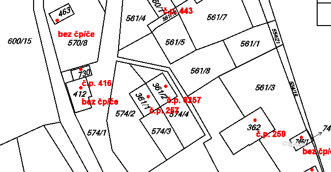 Louky 6257, Zlín na parcele st. 361/2 v KÚ Louky nad Dřevnicí, Katastrální mapa