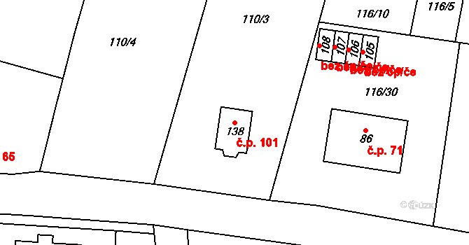 Újezd 101, Vodňany na parcele st. 138 v KÚ Újezd u Vodňan, Katastrální mapa