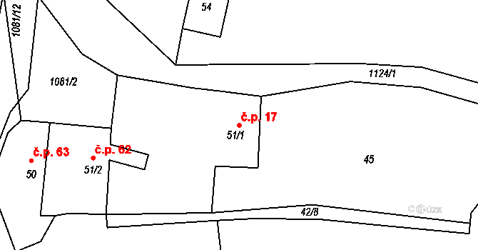 Prčice 17, Sedlec-Prčice na parcele st. 51/1 v KÚ Prčice, Katastrální mapa
