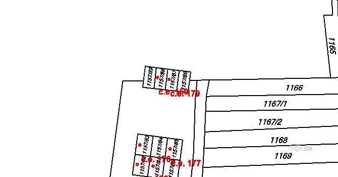 Rajhrad 179 na parcele st. 1157/87 v KÚ Rajhrad, Katastrální mapa