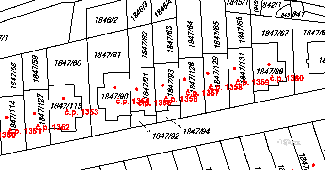 Bystřice nad Pernštejnem 1356 na parcele st. 1847/93 v KÚ Bystřice nad Pernštejnem, Katastrální mapa