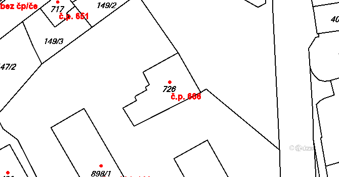 Hranice 666 na parcele st. 726 v KÚ Hranice u Aše, Katastrální mapa