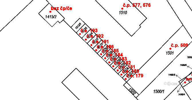 Konice 186 na parcele st. 1512/2 v KÚ Konice, Katastrální mapa
