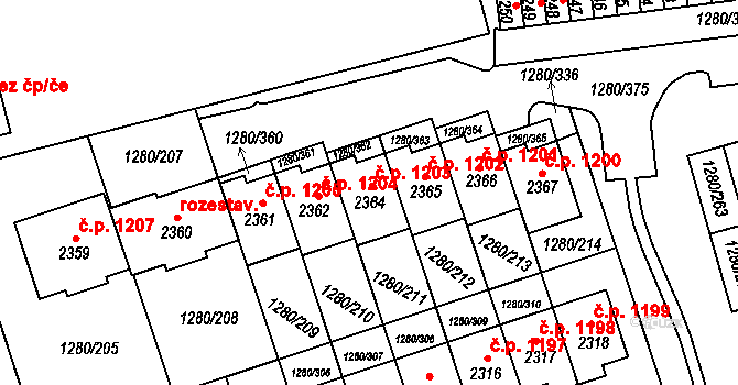 Dobřany 1203 na parcele st. 2364 v KÚ Dobřany, Katastrální mapa