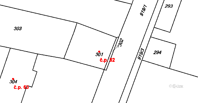 Havraň 82 na parcele st. 301 v KÚ Havraň, Katastrální mapa