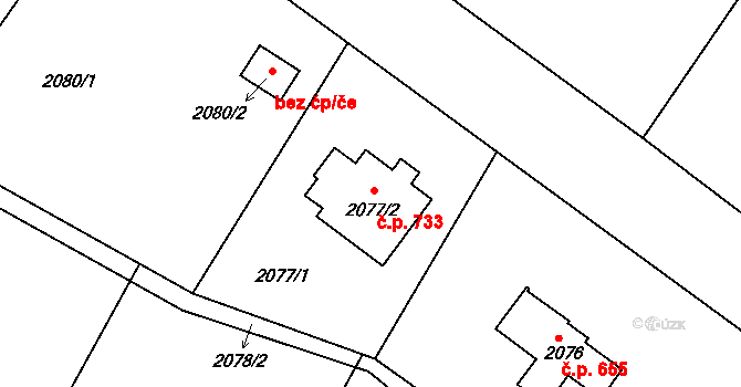 Hodkovice nad Mohelkou 733 na parcele st. 2077/2 v KÚ Hodkovice nad Mohelkou, Katastrální mapa