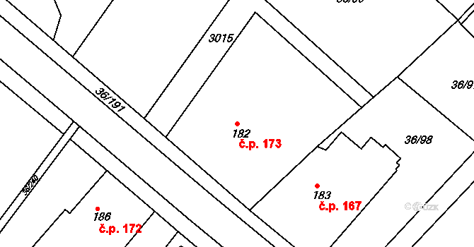 Dolní Ředice 173 na parcele st. 182 v KÚ Dolní Ředice, Katastrální mapa