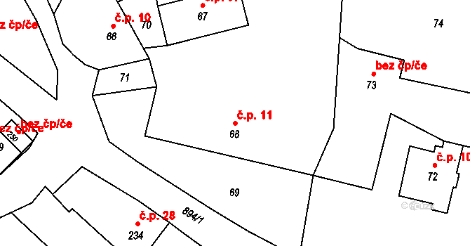 Děrné 11, Fulnek na parcele st. 68 v KÚ Děrné, Katastrální mapa